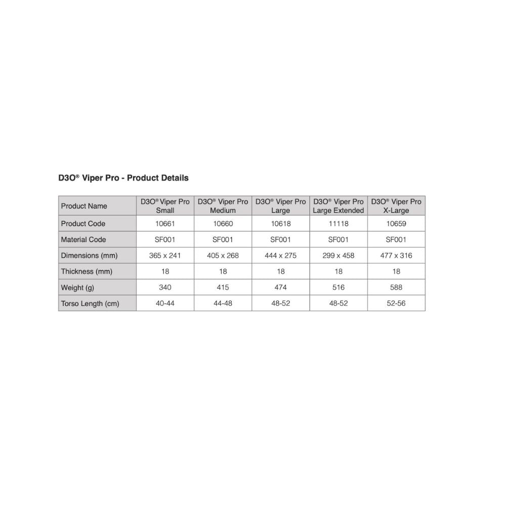 D3O back protector size chart