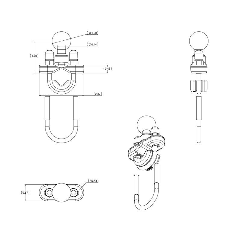 RAM® Handlebar U-Bolt Base for Rails 0.5" to 1.25" in Diameter (RAM-B-231ZU) Accessories Riderz Planet 